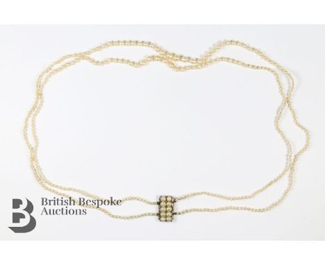 Victorian double row natural, graduated pearl necklet, held together with a 9ct gold rectangular pearl-set clasp, approx 50 c