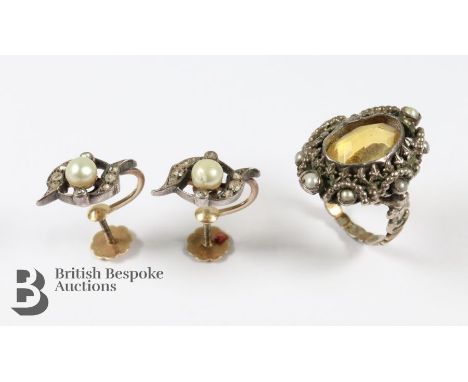 Victorian baroque yellow stone and pearl ring, mm ANV, size N, approx 6.23 gms. Together with a pair of 9ct gold pearl and di