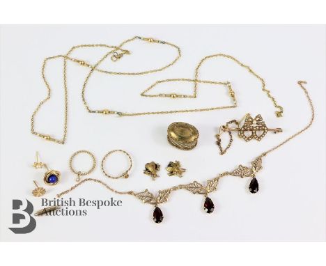 9ct yellow gold and seed pearl brooch, together with a 9ct gold and garnet drop pendant necklace (chain broken); 14ct yellow 