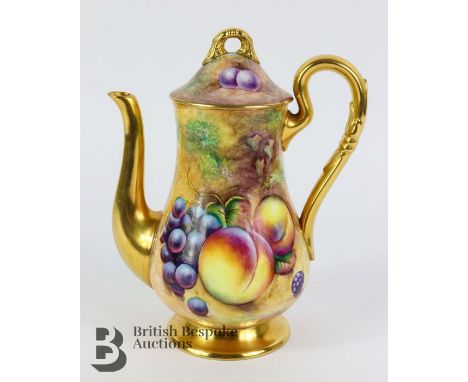 Royal Worcester Fallen Fruit coffee pot, finely painted with autumnal fruit painted by Christopher Smith, 1956, black factory