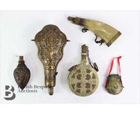 G &amp; J.W Hawkesley copper and brass powder flask, with adjustable measure, with scroll decoration in relief approx 24 cms 