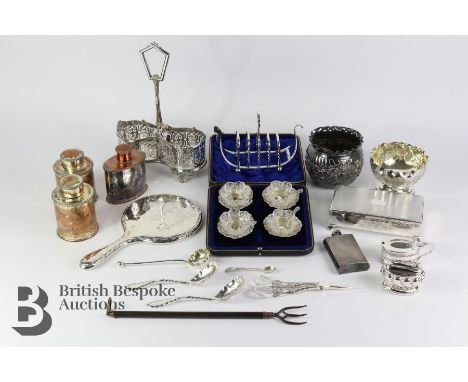 Quantity of silver plated items, including boxed cruet set, an embossed bowl, cigarette box (engraved), two tea flask, toast 