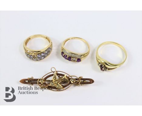 9ct yellow gold amethyst and diamond ring, the ring set with four amethyst approx 4 x 3mm size P (stone missing), 9 ct amethy