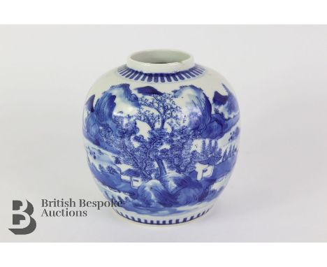 Chinese blue and white ginger jar, bearing Kangxi marks to base, painted with lake and mountain scenes.&nbsp;