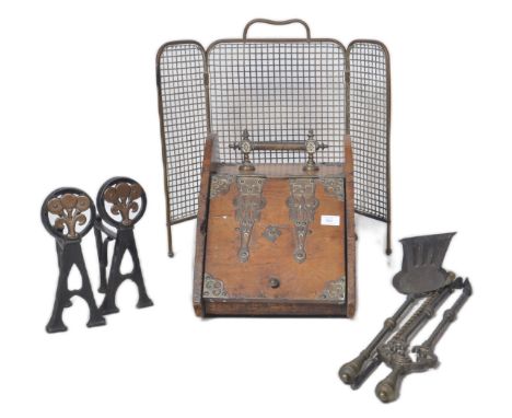 A collection of 19th Century fireside to include a Gothic oak &amp; brass mounted coal scuttle box, pair of iron fire andiron