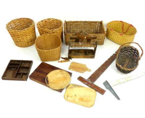 A large quantity of wicker baskets, a stripped pine pipe stand and other country and vintage kitchenalia 