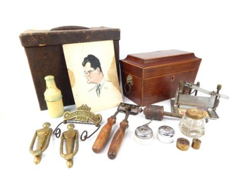 Regency mahogany tea caddy with satinwood crossbanding together with various other collectibles to include brass knockers and