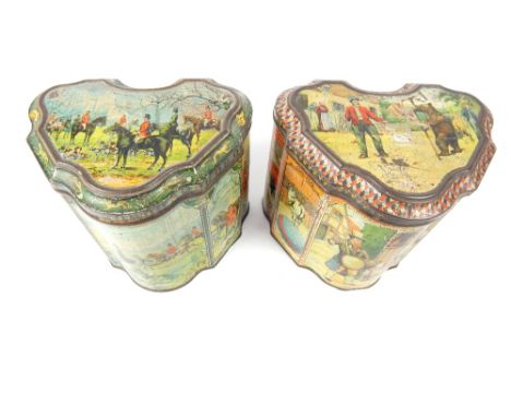 Two Huntley & Palmers biscuit tins, of serpentine form, one decorated with a fox hunting scene, the other decorated with a ci