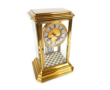 A late 19th century French brass and four glass mantel clock, white chapter ring with Roman numerals, AB mechanism, mercury p