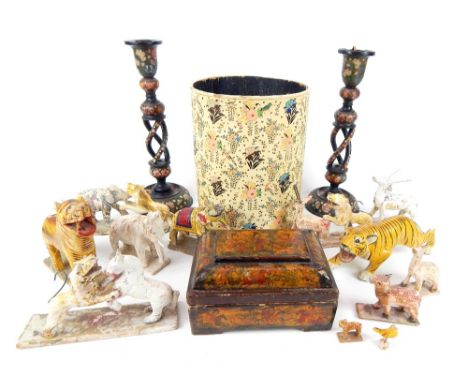 Wooden & papier mache animals, Persian trinket box, open twist candlesticks & a waste paper bin