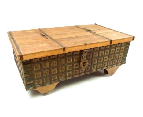 Vintage Eastern teak and hardwood storage coffee table, the hinged lid opens to reveal a cupboard , with iron strap work hing