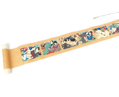 A Chinese scroll with six highly erotic Japanese coloured woodblock prints each woodblock is 8x11cm