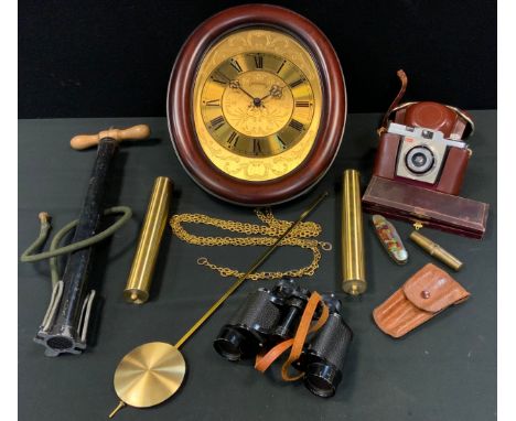 A Barbola style circular wall mirror, 47cm diameter;  wall clock, pair of Argus bloomed 8x30 binoculars, Kodak colorsnap 35 c