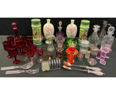 Glass - A pair of 19th century hand painted milk glass vases;  a pair of Victorian green glass cylinder vases;   19th century