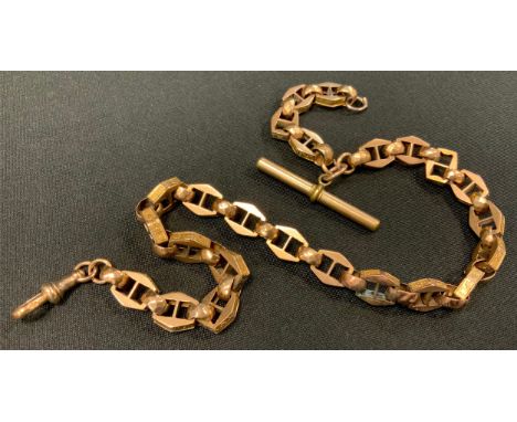 A fancy link yellow and rose metal Albert chain, stamped 9ct to end loop, 37cm long, 32g gross 