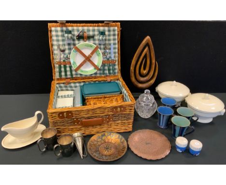 A wicker picnic basket for two with contents;  pair of Wedgwood cream tureens and covers, Gravy boat on stand;  Denby cups, c