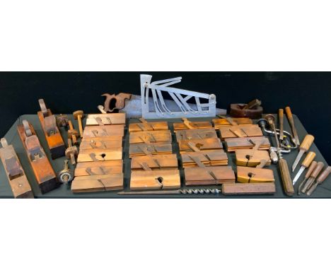 Hand Tools - smoothing, rebate, and moulding planes, drills, hand saw, Swires roofing square etc 