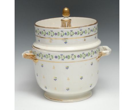 A Derby ice pail and cover, decorated with chantilly sprigs, the deep lid with acorn finial supported by lotus leaves, the pa