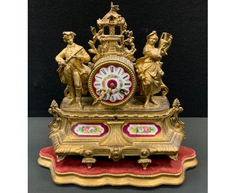 A 19th century French gilt metal and porcelain mantel clock, figural case with Rifleman and companion, floral porcelain dial,