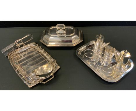 A Mappin &amp; Webb Princes Plate asparagus set, tray, jug and tongs;  a J C &amp; Co Hot Chocolate set on tray;  shaped entr