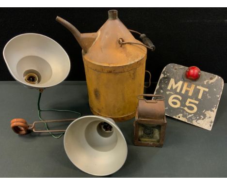 Automobilia &amp; Tools - a number plate, MHT 65;  inspection lamps, oil can etc 