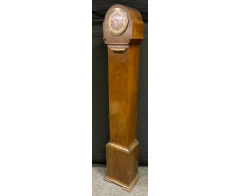 An Art Deco walnut dwarf longcase clock, silvered dial, 8 day movement, plain trunk, 152cm high x 25cm wide x 19cm deep 