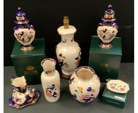 A pair of Masons Ironstone Royal Mandalay 200 Year bi-centenary urns and covers, 24cm high;  jug and stand; Mandalay table la