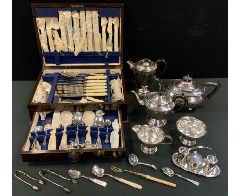 A Viners silver plated four piece tea set;  Walker &amp; Hall teapot,  oak cased canteen of assorted flatware;  sugar tongs, 