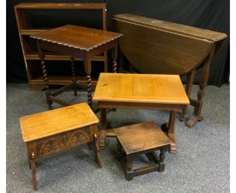 An oak work box stool, hinged top, carved frieze, shaped splayed panel legs, 37.5cm high, 44cm wide, 28cm deep;&nbsp; light o