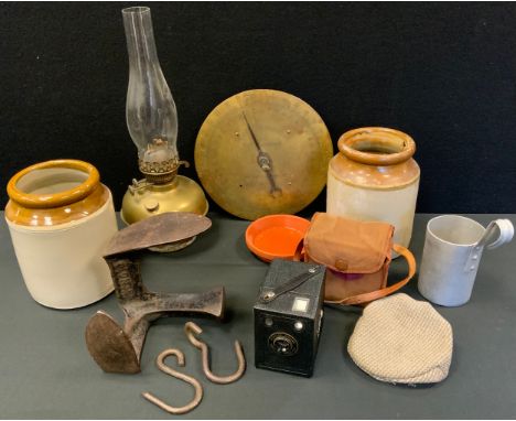 A Dairy Herd Recorder, The Sandringham, 0 - 32pints, 26cm diam;  shoe lath;  storage jars;  oil lamp reservoir;  etc 