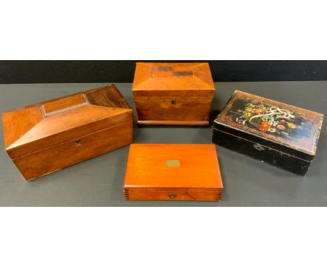 A 19th century inlaid sarcophagus form tea caddy, quartered stepped top, bun feet, 14cm high, 21cm wide, 15cm deep;  another 