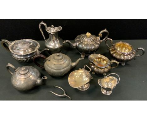 A three piece lobed ovoid tea service;  plated teapot;  hotwater pot;  etc 