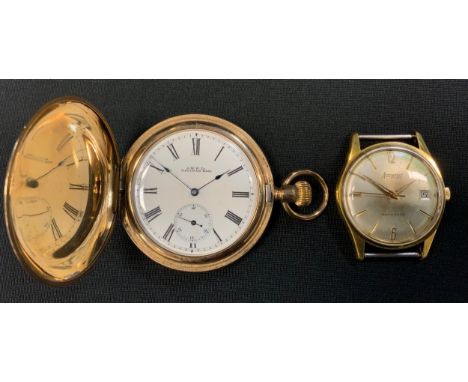 A Waltham gold plated full hunter cased pocket watch, creamy white dial, Roman numerals, subsidiary seconds, button wind move