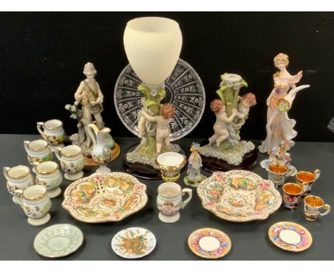 Continental Ceramics - a large Capodimonte style figural table lamp;  similar table centre;  figures, six setting coffee set 