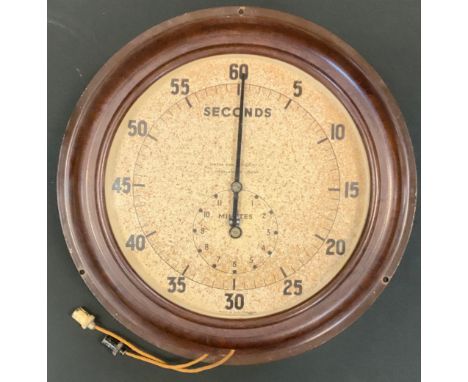 An Air Ministry wall clock, Smiths English Clock Co, silvered dial, bold Arabic &amp; Roman numerals, center seconds, brown b