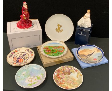 A Royal Doulton figure, Mistletoe and Wine, 616/7500,  boxed;  another, Heather;  Wedgwood Daily Mail VE plates;  Royal Alber