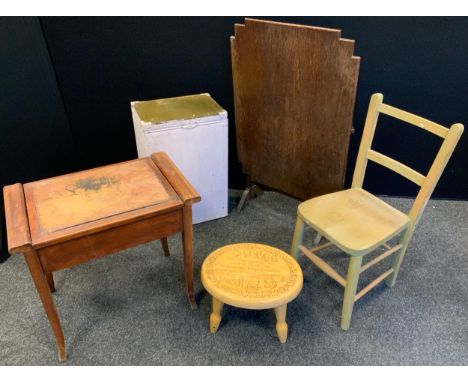 A Lloyd loom linen basket;  a similar chair;  piano stool;  folding table;  stool;  etc 