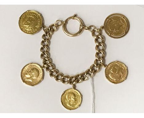 VINTAGE MULTO GOLD COINS BRACELET  - 2 X 20 SWISS FRANC COINS, 1 AUSTRIAN DUCAT, 1 FULL SOVEREIGN, 1 DUPLONE (1794) TOTAL GOL