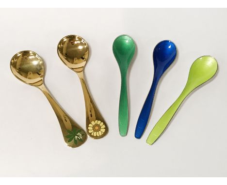 5 STERLING SILVER &amp; ENAMEL DANISH SPOONS