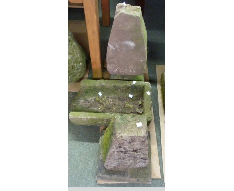 A stone finial, 60cm high, a staddle stone base and a stone trough