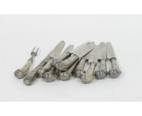 A set of nine table knives, maker's mark only WP, the silver pistol grip handles to steel blades marked HAMLET, the handles c