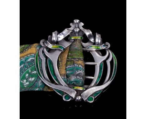 An Art Nouveau silver and enamel belt buckle, by Liberty & Co, of openwork stylised ribbon design decorated with shades of gr