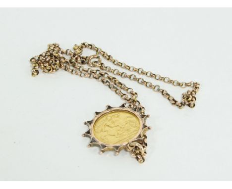 An Edward VII gold half sovereign, 1907, mounted as a pendant on a 9ct gold chain, total weight approximately 9gm
