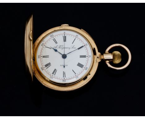 A Swiss gold cased hunter pocket watch, the circular enamel dial signed A Huguenin & Sons, Locle, with Roman numerals, fitted