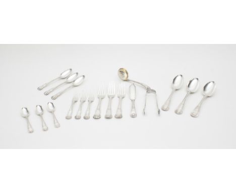 A canteen of kings pattern silver flatware, early 19th Century, various dates and makers, comprising, twelve tablespoons, eig