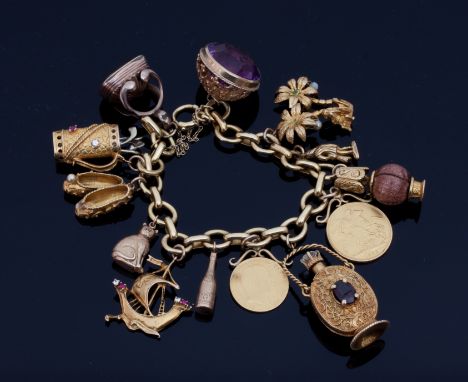 An 18ct gold curb link charm bracelet, supporting thirteen charms, many marked 9ct gold; including a sovereign 1899 and half 