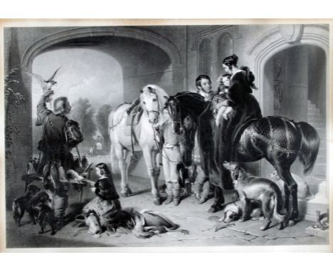 After Landseer/Le Retour de la Chasse au Faucon, Paris/lithograph published by H Jeannin, 46cm x 66cm, in a bird's eye maple 