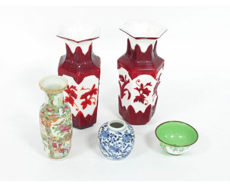 A pair of Chinese overlay glass vases, 20th Century, of hexagonal form, 26cm high, a Cantonese vase, a blue and white jar and