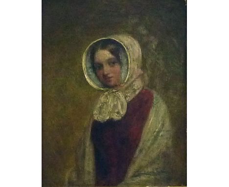 19th Century English School/Portrait of Elizabeth Marilyn Linford/half length wearing a red dress and white bonnet/oil on boa