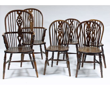 Four stick and pierced splat back chairs and two similar armchairs